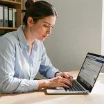 Femme consultant sa messagerie académique ac-montpellier.fr sur un ordinateur portable dans un bureau universitaire