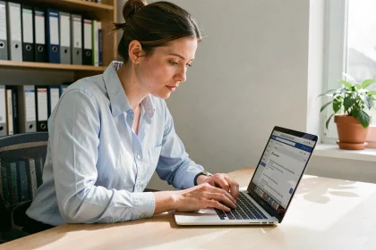 Femme consultant sa messagerie académique ac-montpellier.fr sur un ordinateur portable dans un bureau universitaire
