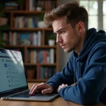 Jeune homme examinant attentivement une page de téléchargement de logiciel sur son ordinateur portable dans un bureau à domicile
