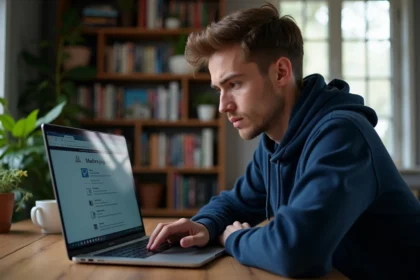 Jeune homme examinant attentivement une page de téléchargement de logiciel sur son ordinateur portable dans un bureau à domicile