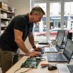 Technicien informatique dans un atelier de dépannage en Indre-et-Loire, entouré d'ordinateurs et d'outils de diagnostic
