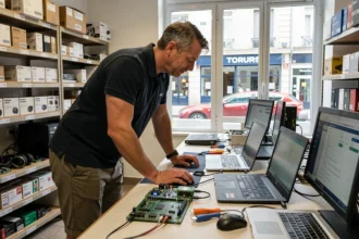 Technicien informatique dans un atelier de dépannage en Indre-et-Loire, entouré d'ordinateurs et d'outils de diagnostic