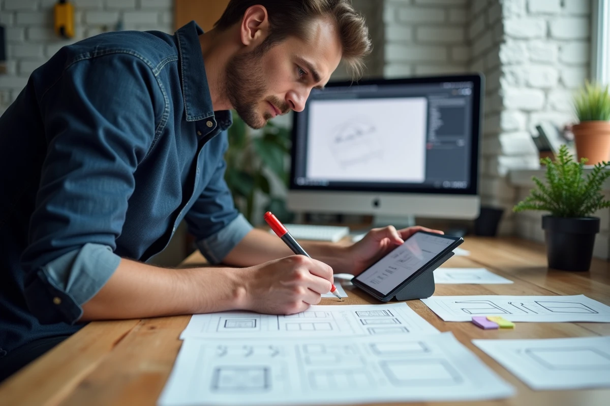Designer UX analysant des wireframes imprimés de mise en page responsive avec des annotations sur les breakpoints flex dans un studio de design