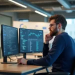 Développeur en train de comparer des architectures cloud et des diagrammes serveur Go sur deux moniteurs dans un bureau tech moderne