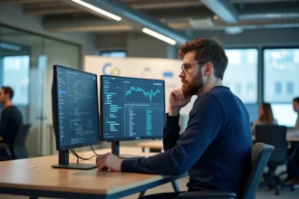 Développeur en train de comparer des architectures cloud et des diagrammes serveur Go sur deux moniteurs dans un bureau tech moderne