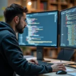 Développeur web comparant un ancien code de formulaire HTML avec une version modernisée sur deux écrans dans un bureau contemporain