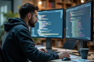 Développeur web comparant un ancien code de formulaire HTML avec une version modernisée sur deux écrans dans un bureau contemporain
