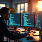 Développeur web au bureau moderne avec écrans de code