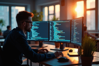 Développeur web au bureau moderne avec écrans de code