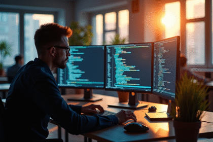 Développeur web au bureau moderne avec écrans de code