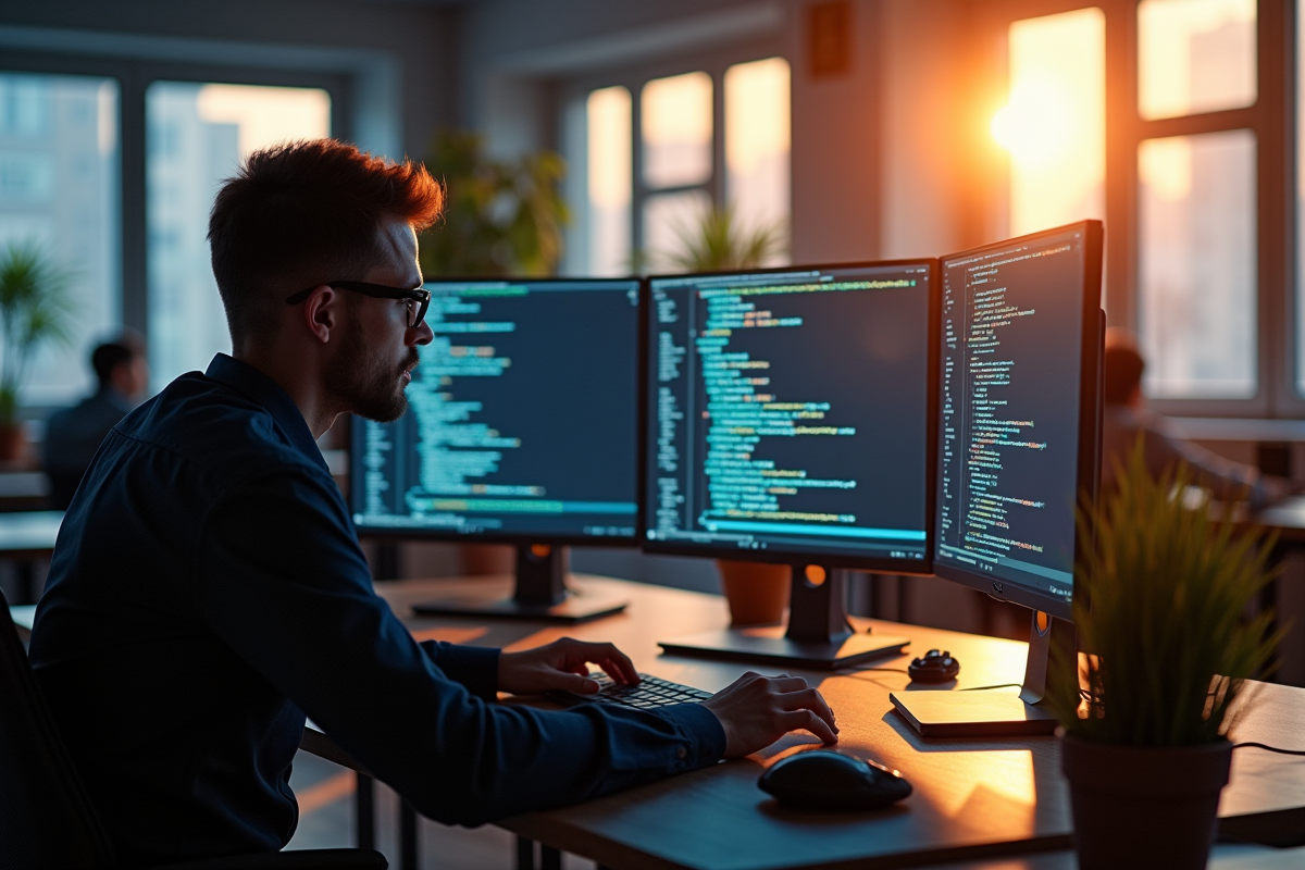 Développeur web au bureau moderne avec écrans de code