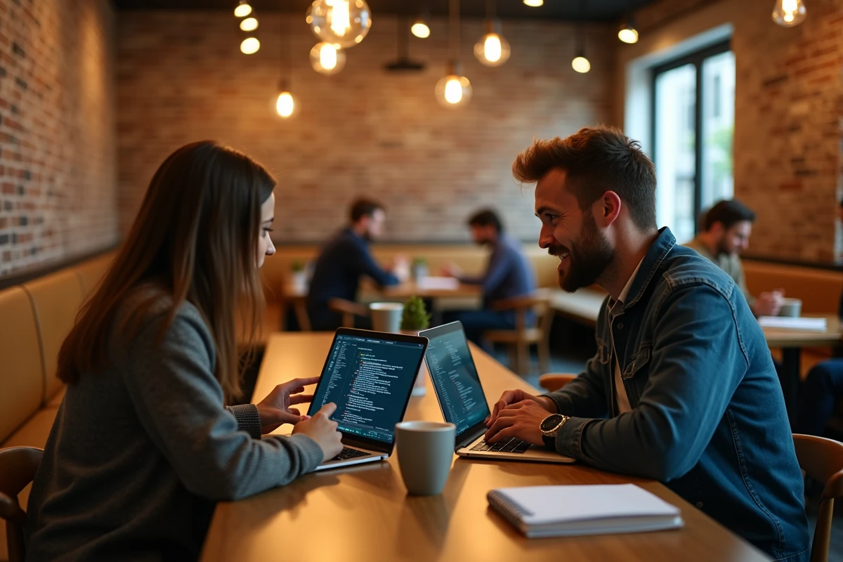 Deux développeurs discutant de la pertinence du langage Go face au cloud dans un espace de co-working moderne