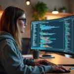 Développeuse web travaillant sur la mise en page responsive avec du CSS flexbox sur un écran ultrawide dans un bureau moderne