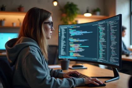 Développeuse web travaillant sur la mise en page responsive avec du CSS flexbox sur un écran ultrawide dans un bureau moderne