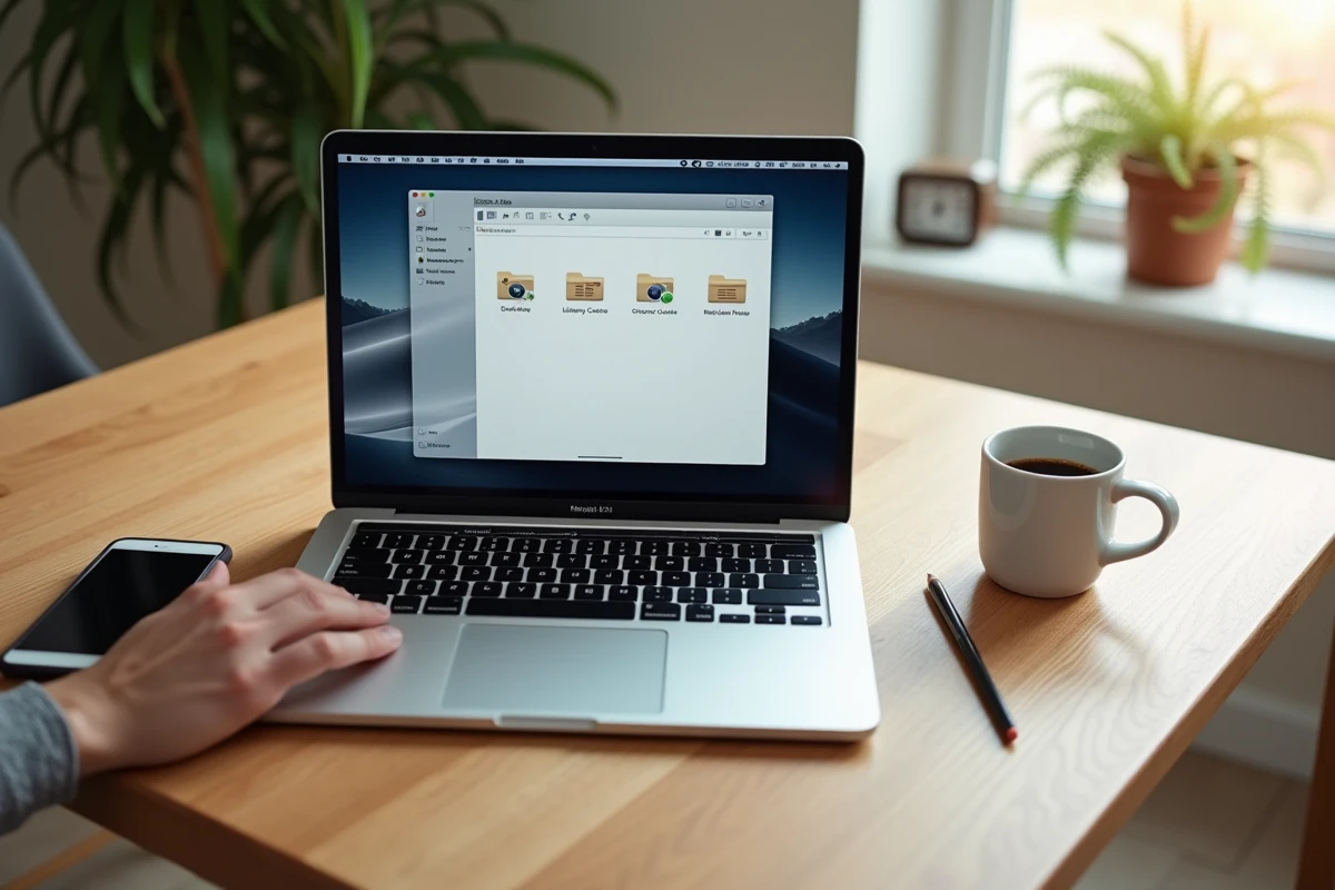 Vue aérienne d'un MacBook Pro ouvert affichant le dossier cache macOS sur une table en chêne clair