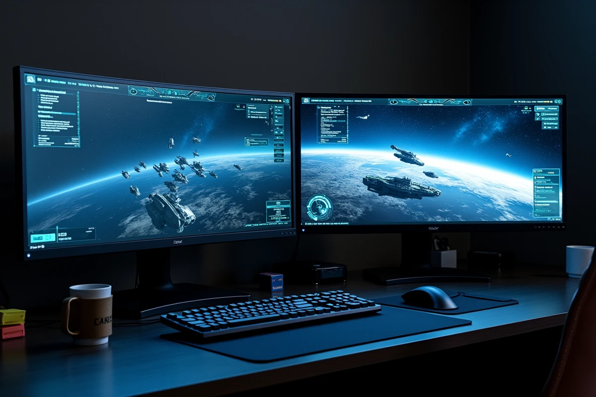 Deux écrans 1080p côte à côte affichant l'interface d'Eve Online en mode étendu ultrawide 21/9 sur un bureau gaming minimaliste