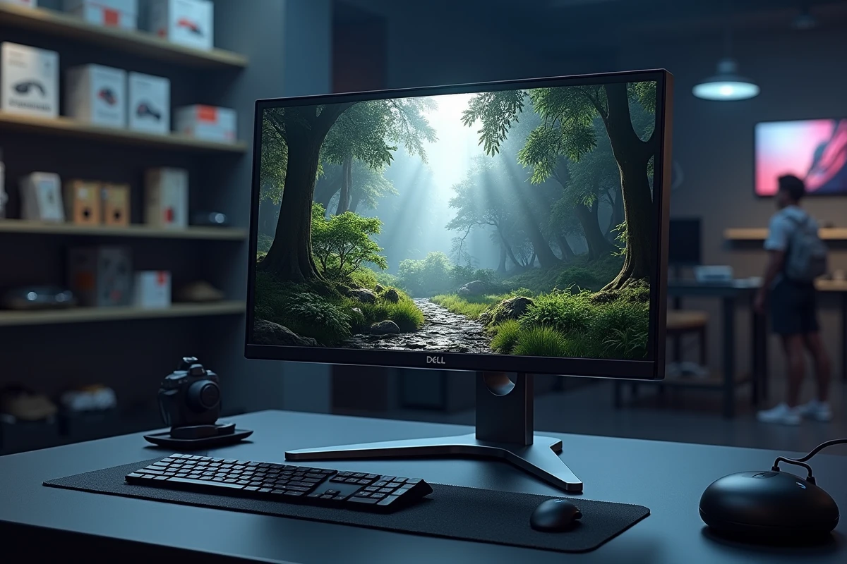 Écran gaming Dell avec affichage de jeu haute résolution dans un environnement de présentation sombre et épuré
