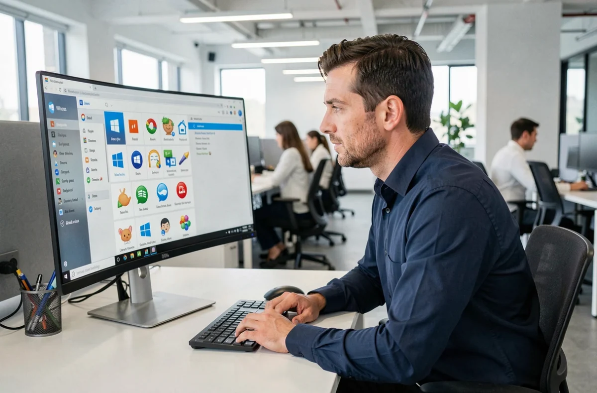 Homme au bureau professionnel utilisant le sélecteur d'emoji Windows sur son ordinateur de bureau pour un chat en ligne