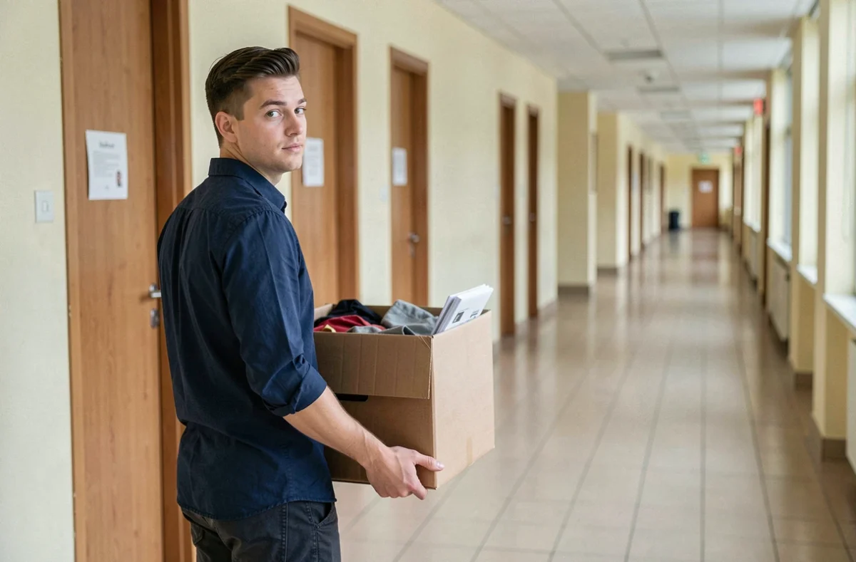 Enseignant quittant son établissement scolaire de l'académie de Versailles avec ses affaires personnelles dans un couloir