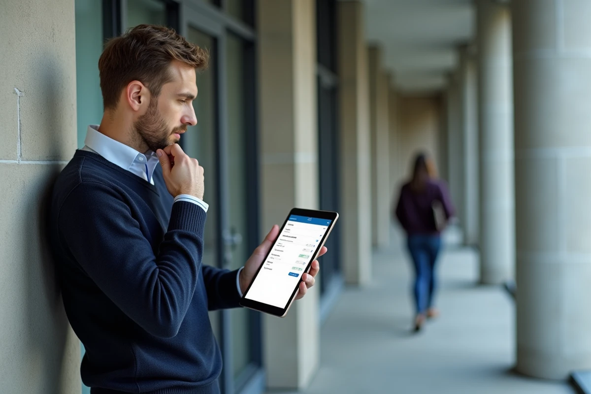 Enseignant consultant les paramètres de transfert d'email sur tablette dans un couloir universitaire