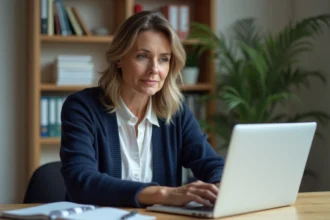 Enseignante accédant au webmail académique depuis son domicile sur un ordinateur portable