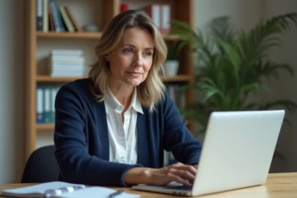 Enseignante accédant au webmail académique depuis son domicile sur un ordinateur portable