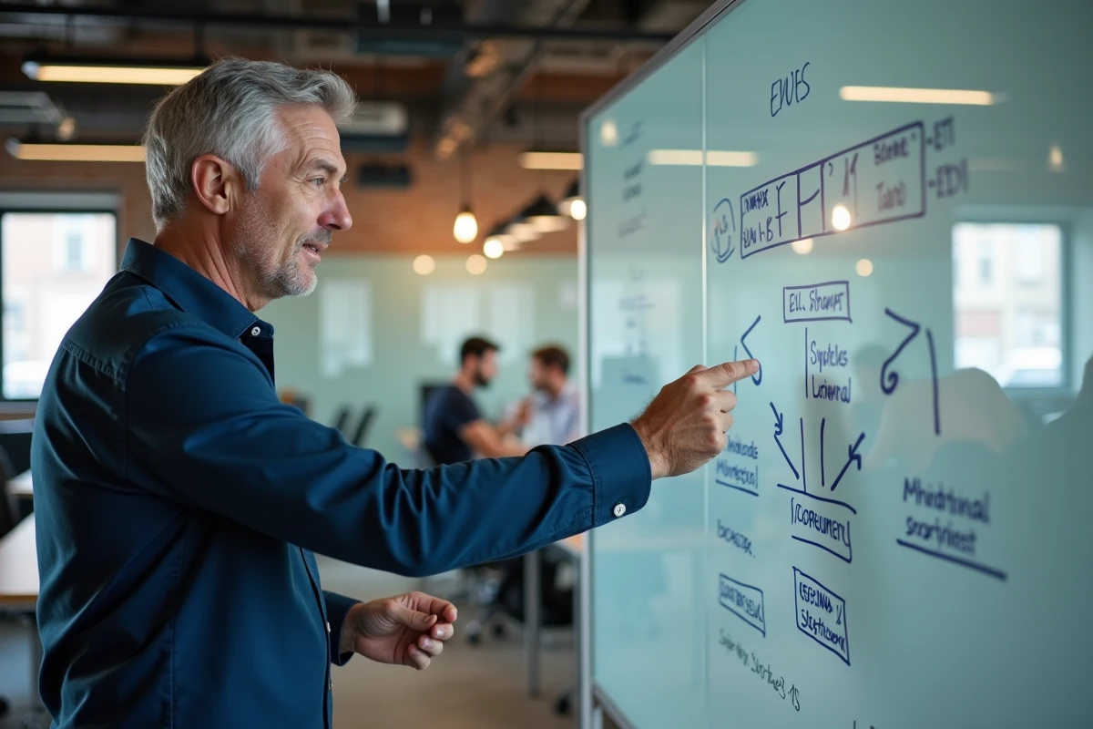 Entrepreneur présentant une stratégie de monétisation de modèles IA sur un tableau blanc dans un espace de travail collaboratif