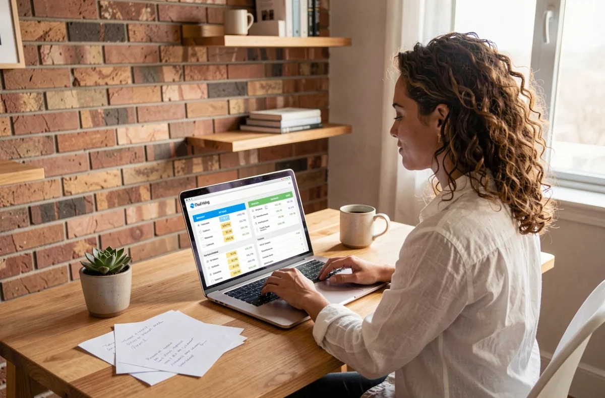 Entrepreneuse comparant des offres d'hébergement cloud sur son ordinateur portable dans un bureau à domicile