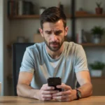 Homme tenant un iPhone et consultant les paramètres des messages pour envoyer un SMS en numéro masqué