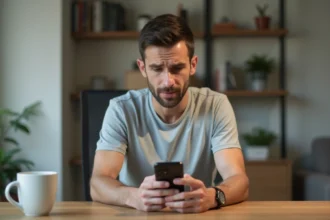 Homme tenant un iPhone et consultant les paramètres des messages pour envoyer un SMS en numéro masqué