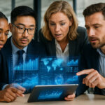 Groupe de professionnels en réunion avec hologrammes de données