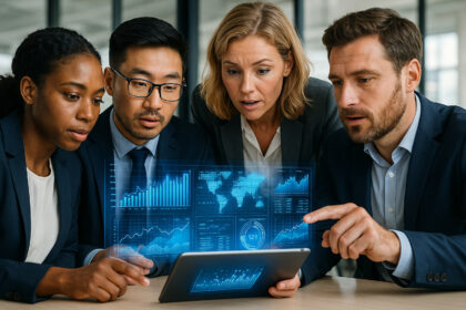 Groupe de professionnels en réunion avec hologrammes de données