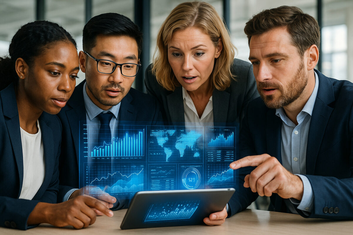 Groupe de professionnels en réunion avec hologrammes de données