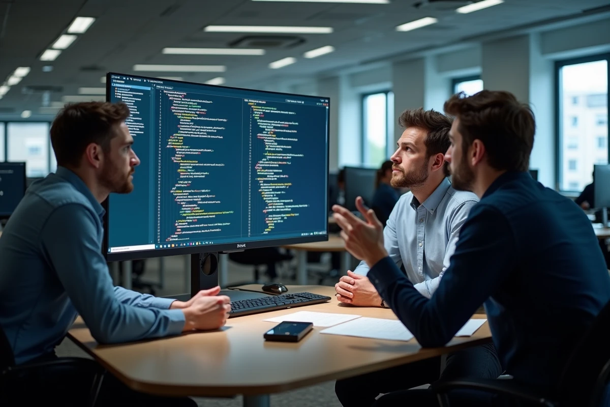 Groupe de professionnels discutant autour d un grand écran code