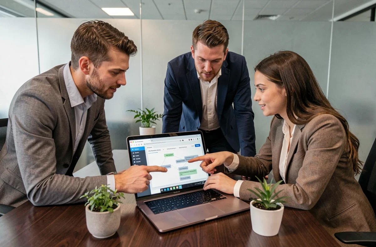 Équipe de professionnels en entreprise collaborant sur la configuration d'un navigateur web sécurisé en salle de réunion