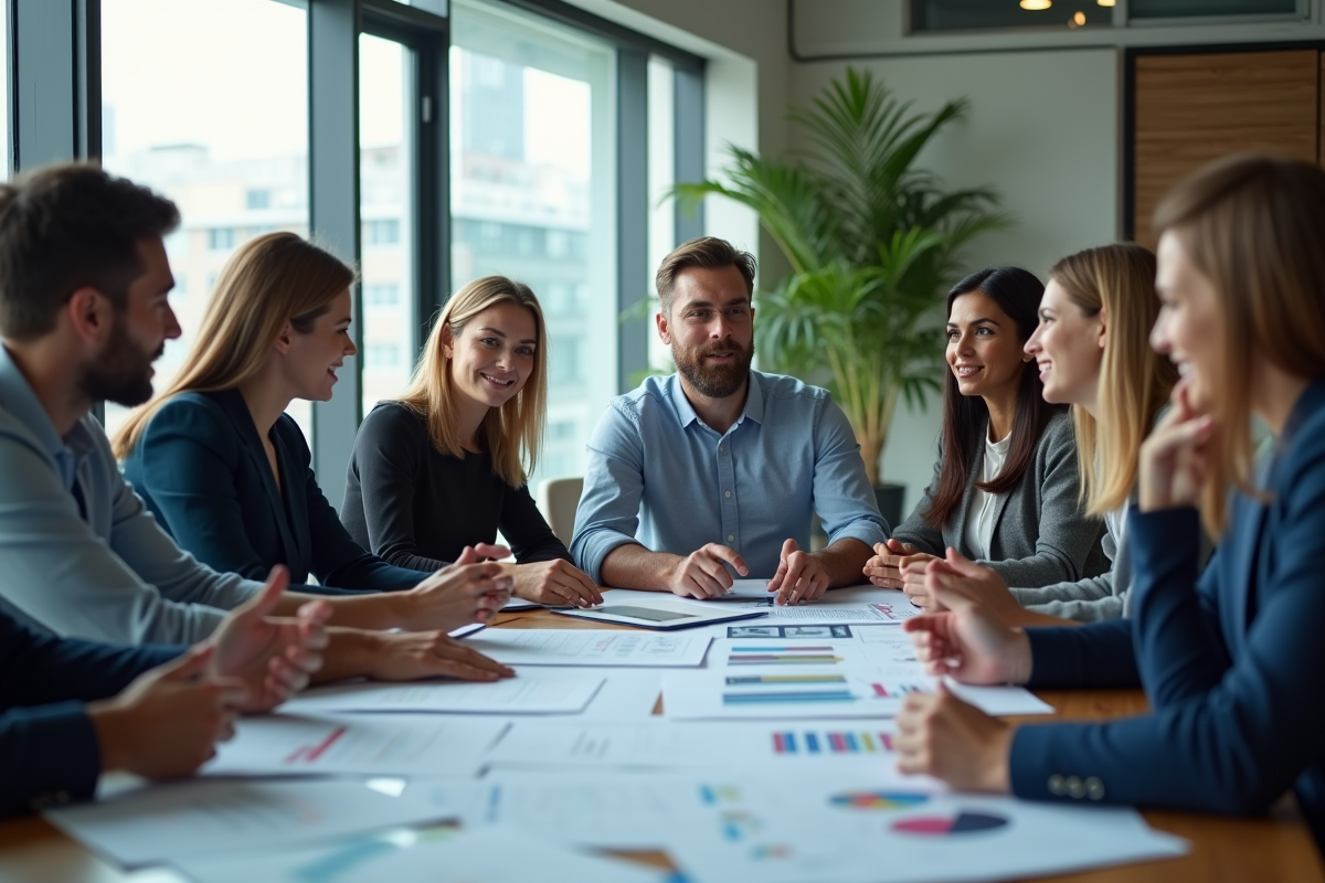 Groupe de professionnels en réunion discutant autour de documents et tablette