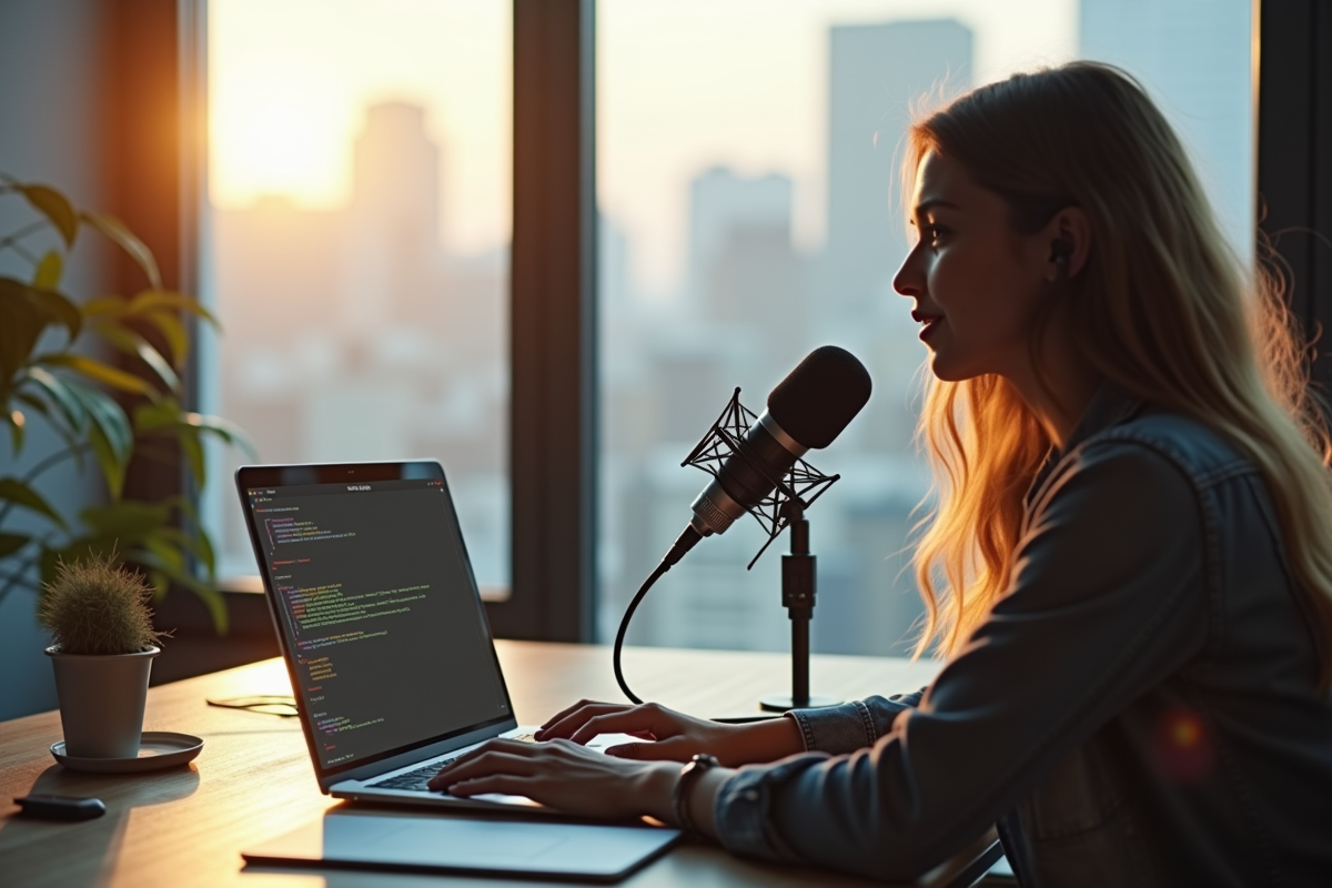 Espace de travail moderne avec microphone et ordinateur pour transcription vocale