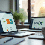 Espace de travail moderne avec deux ordinateurs portables affichant Shopify et Wix