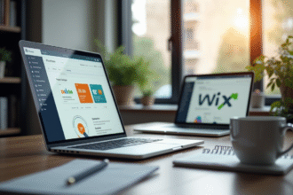 Espace de travail moderne avec deux ordinateurs portables affichant Shopify et Wix