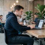 Étudiant en bachelor développement web concentré sur son code dans un espace de coworking moderne