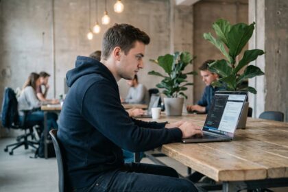 Étudiant en bachelor développement web concentré sur son code dans un espace de coworking moderne