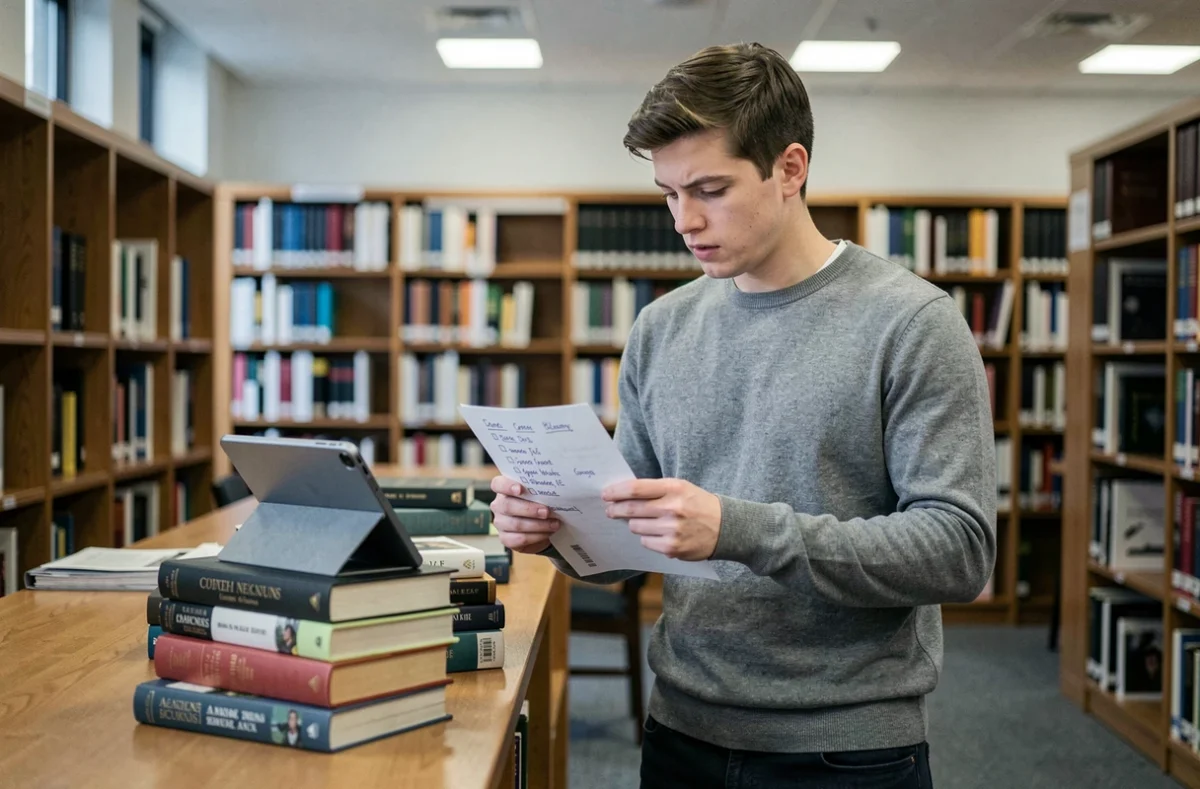 Étudiant consultant une check-list de préparation aux partiels dans une bibliothèque universitaire de Nantes