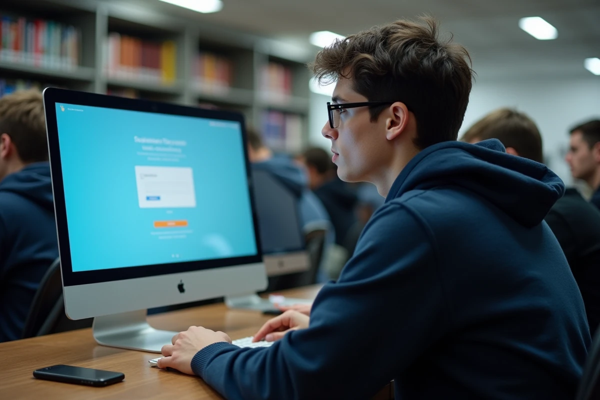 Étudiant masculin tentant de se connecter à son ENT depuis une bibliothèque universitaire