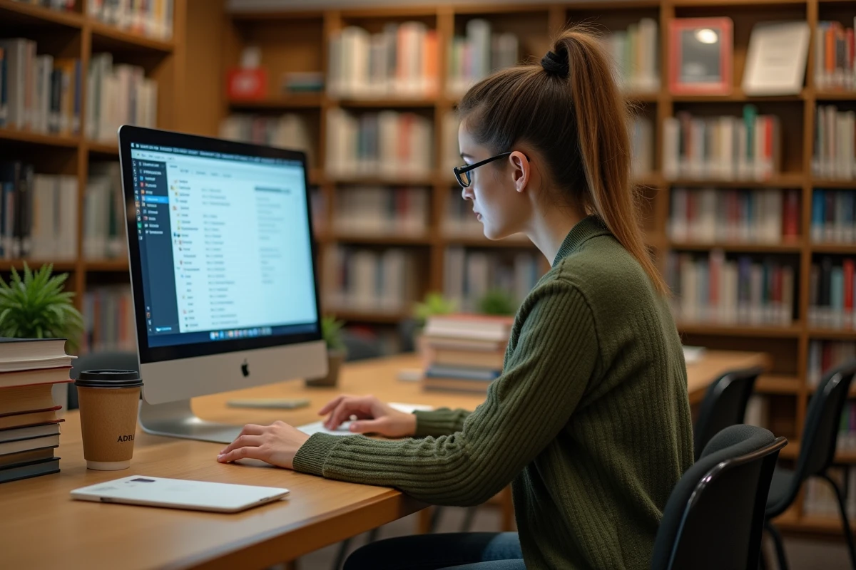Étudiante gérant l'archivage de son webmail Nancy Metz depuis un ordinateur de bibliothèque universitaire
