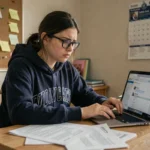 Étudiante vérifiant son webmail universitaire de Nantes avant les examens depuis son bureau de chambre universitaire