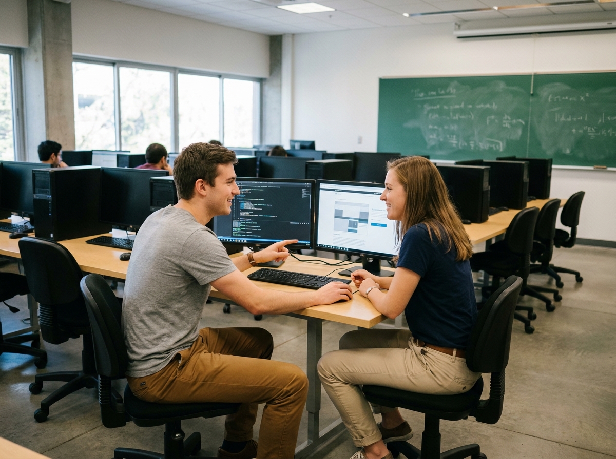 Deux étudiants en bachelor développement web collaborant sur un projet de code dans une salle informatique universitaire