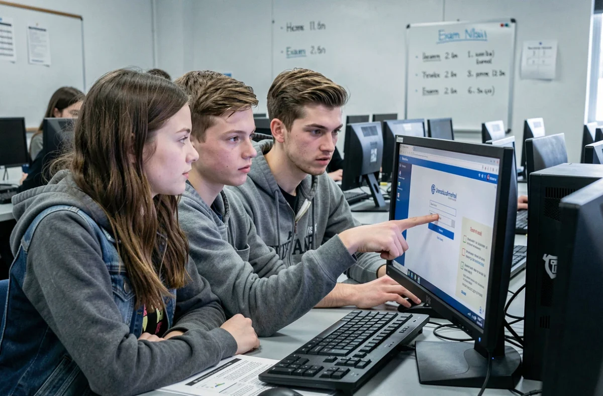 Deux étudiants vérifiant ensemble le webmail de l'Université de Nantes dans une salle informatique avant les examens