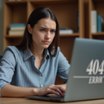 Jeune femme face à un message d'erreur 404 sur son ordinateur