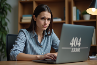 Jeune femme face à un message d'erreur 404 sur son ordinateur