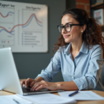 Femme concentrée analysant un rapport SEO au bureau